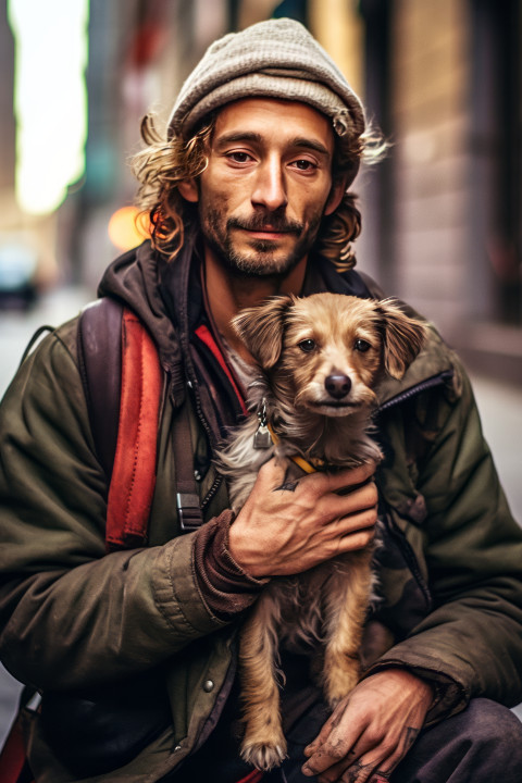 A young homeless man and his dog