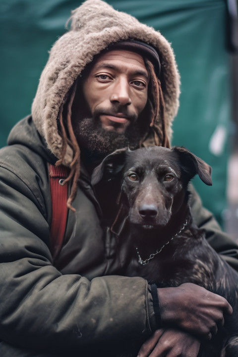 A young homeless man and his dog