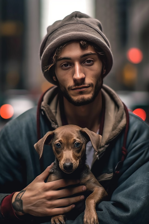 A young homeless man and his dog
