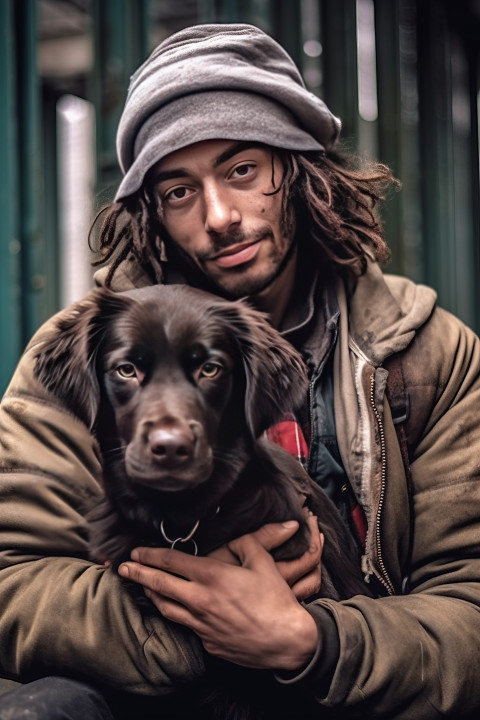 A young homeless man and his dog