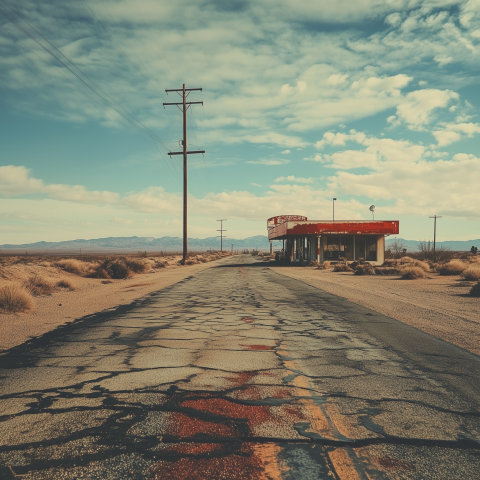Abandoned Desert Gas Station on Cracked Road