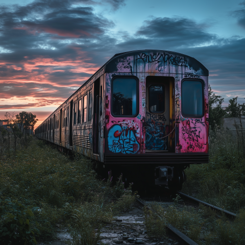 Abandoned Graffiti-Covered Subway Car at Sunset