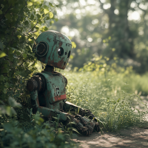 Abandoned Robot Sitting in Forest Clearing