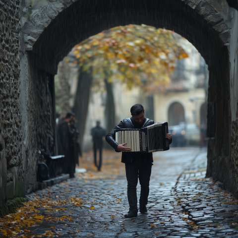 Accordion Player in Rainy Cobblestone Alley