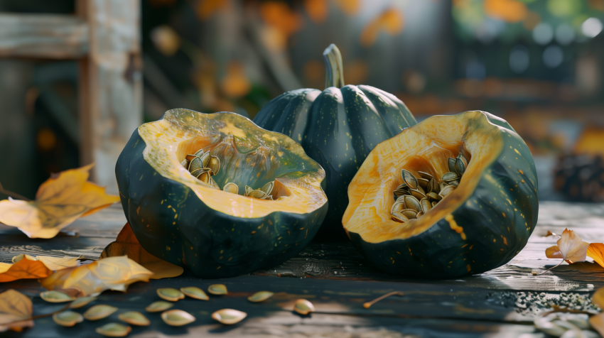 Acorn Squash and Seeds on Wooden Table