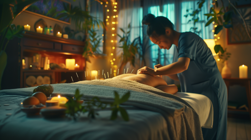 Acupuncturist Performing Therapy in Candlelit Room