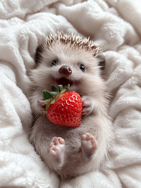 Adorable Hedgehog Holding a Strawberry on Soft Blanket