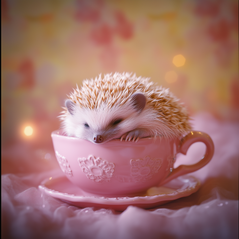 Adorable Hedgehog Sleeping in Teacup