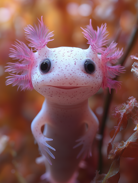 Adorable Pink Axolotl with Feathery Gills
