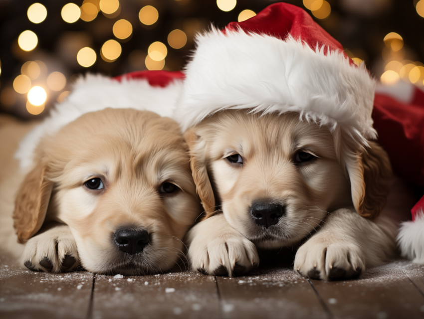 Adorable Puppies in Santa Hats Resting