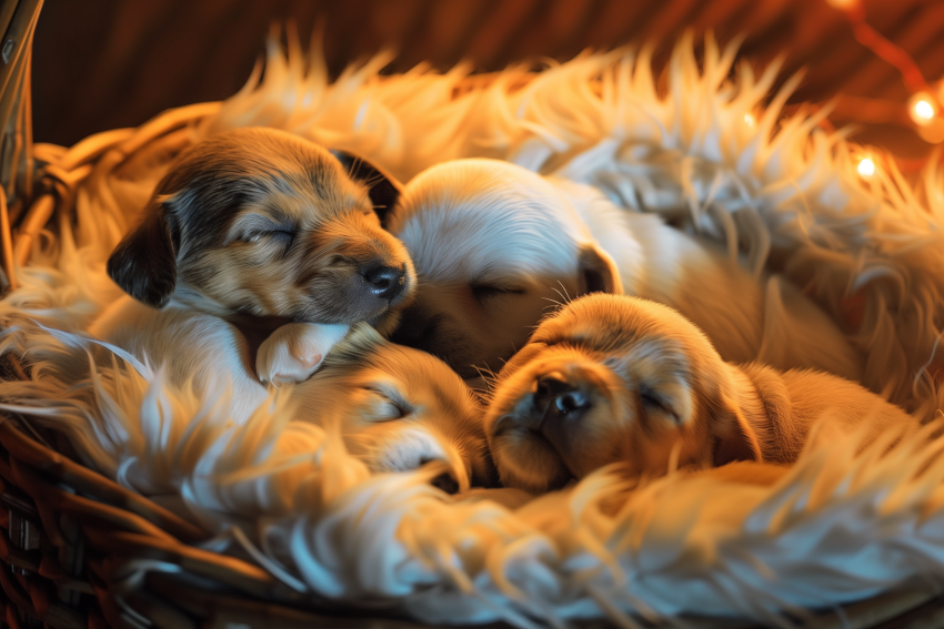 Adorable Puppies Sleeping in a Cozy Basket
