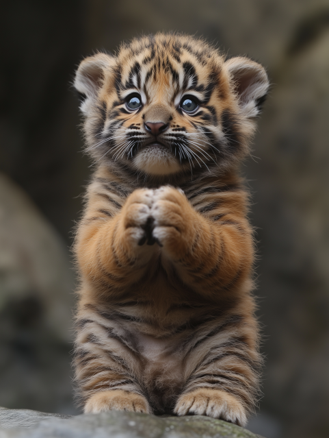 Adorable Tiger Cub with Paws Raised