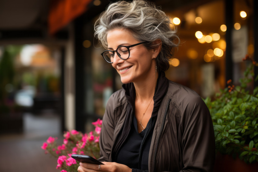 adult smiling happy pretty woman 60 yo holding mobile p