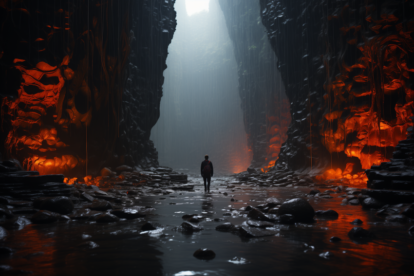 Adventurer Enters Fiery Lava Cavern