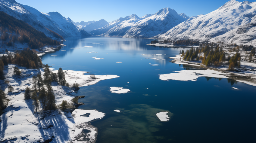 Aerial View of Snowy Lake and Mountains