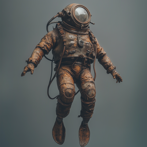 Aged Deep Sea Diving Suit Suspended in Air