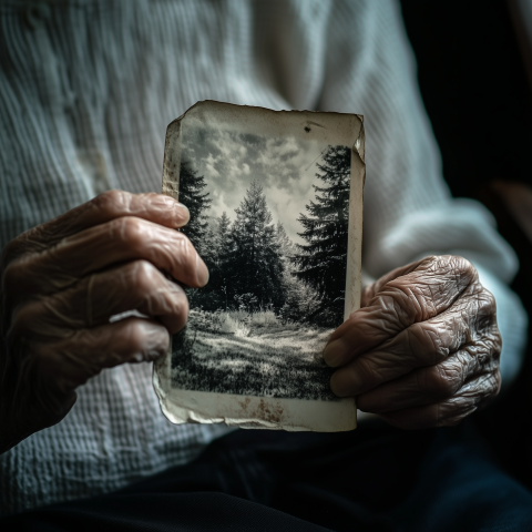 Aged Hands Holding Vintage Forest Photo