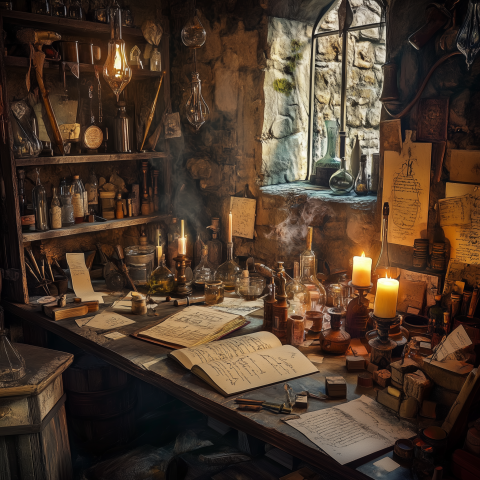 Alchemist’s Lab with Candles and Old Manuscripts