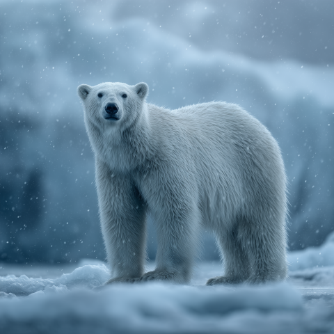 Alert Polar Bear Standing on Arctic Icy Snow