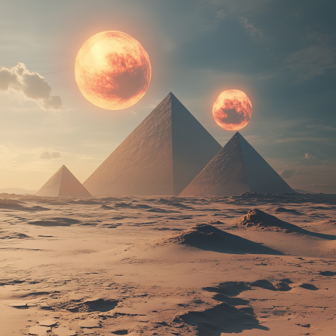 Alien Desert with Twin Suns and Pyramids