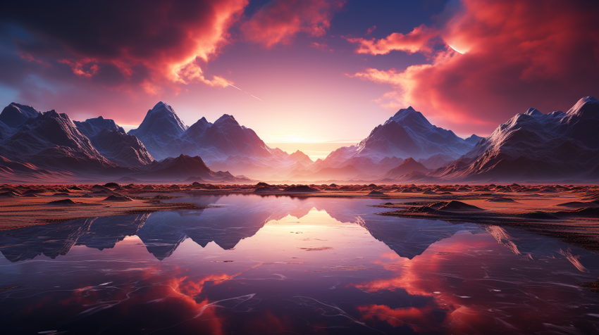Alien Mountain Range Reflecting in Lake at Sunrise