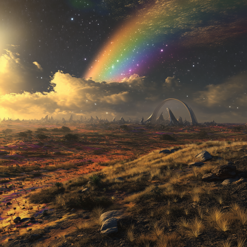 Alien Rainbow Over Sci-Fi Desert Valley