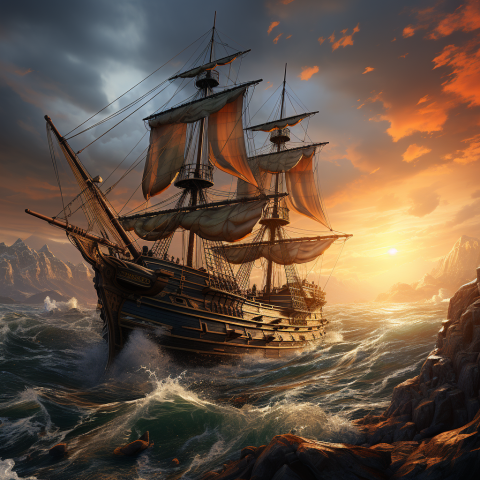 An 1800s pirate ship on the open sea