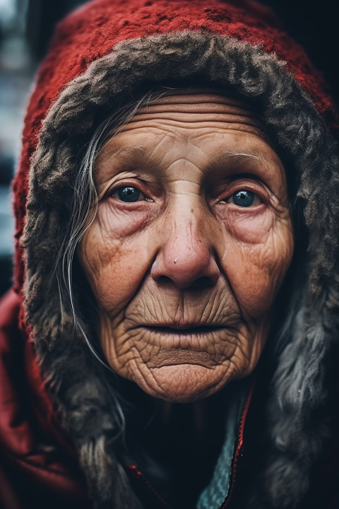 An elderly homeless woman