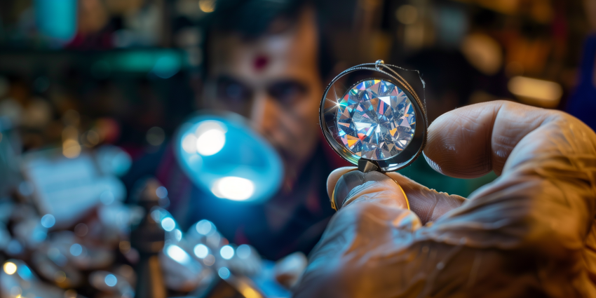An Expert Appraising A large Diamond Using A Loupe And Tools