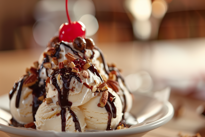 An Indulgent Ice Cream Sundae With Scoops Of Vanilla
