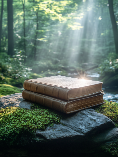 Ancient Books Resting on Mossy Stone in Sunlit Forest