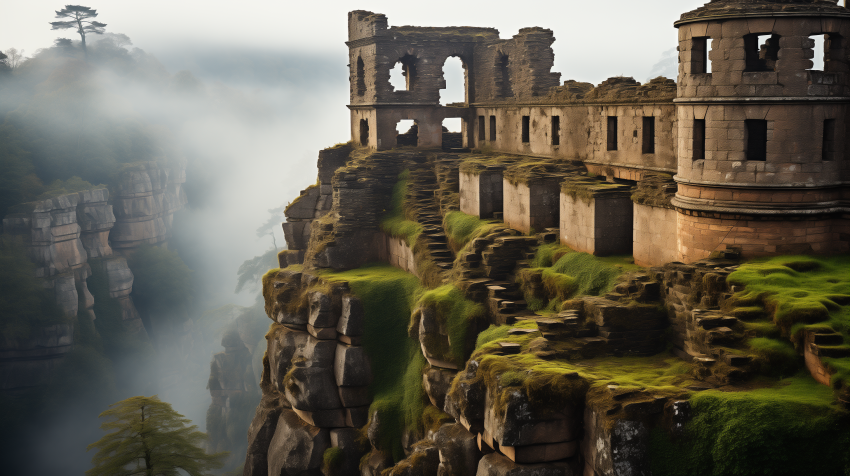 Ancient Cliffside Castle Ruins in Mist