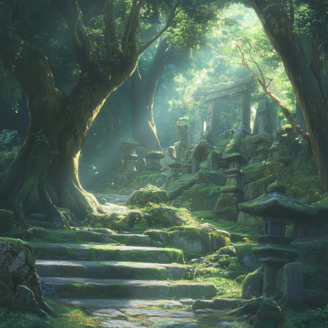 Ancient Forest Shrine With Mossy Steps