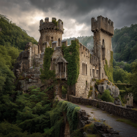 Ancient Ivy-Covered Castle in the Hills