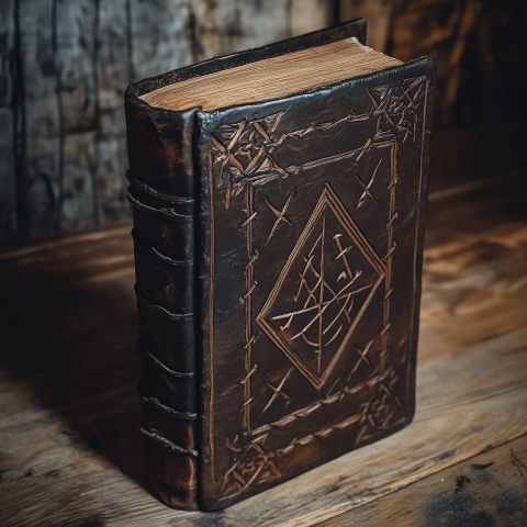 Ancient Leather-Bound Grimoire on Wooden Table