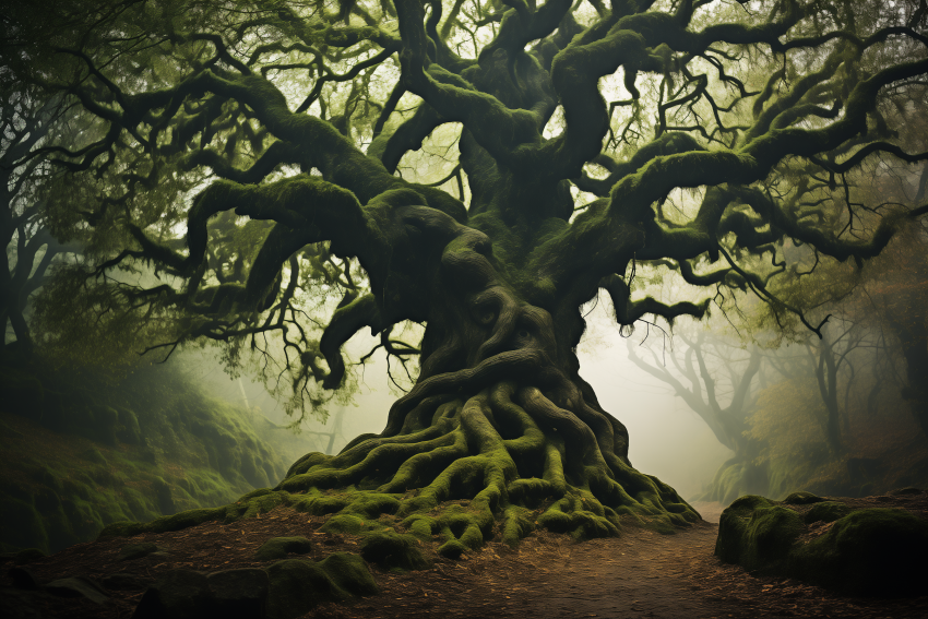 Ancient Moss-Covered Tree in Forest