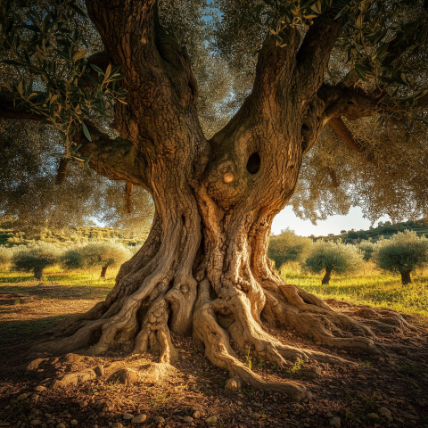 Ancient Olive Tree in Sunlit Grove