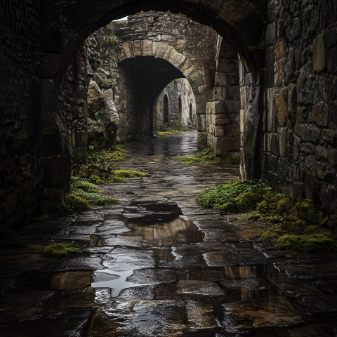 Ancient Stone Alleyway After Rain