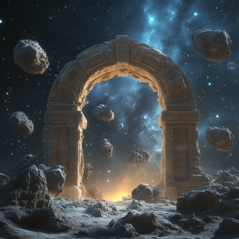 Ancient Stone Arch Among Floating Asteroids