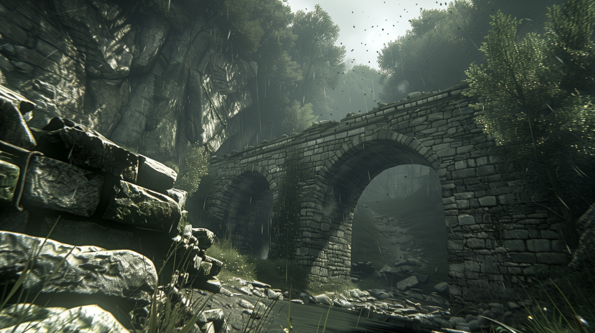 Ancient Stone Bridge in Forested Canyon
