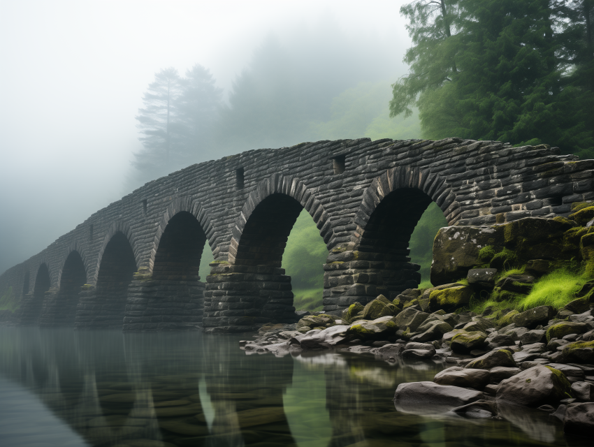 Ancient Stone Bridge in Morning Fog