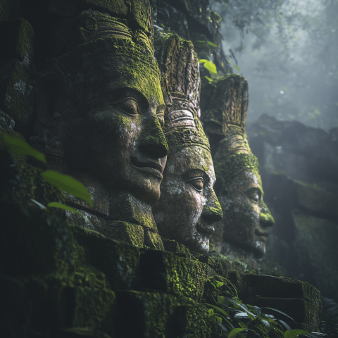 Ancient Stone Faces in Jungle Ruins