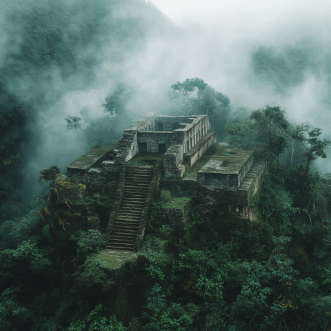 Ancient Stone Ruins in Misty Jungle