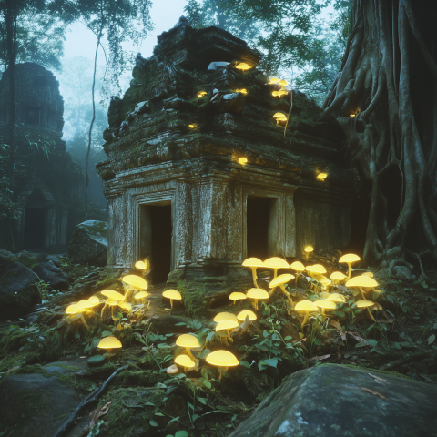 Ancient Temple with Glowing Mushrooms in Forest
