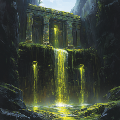 Ancient Temple With Glowing Waterfalls