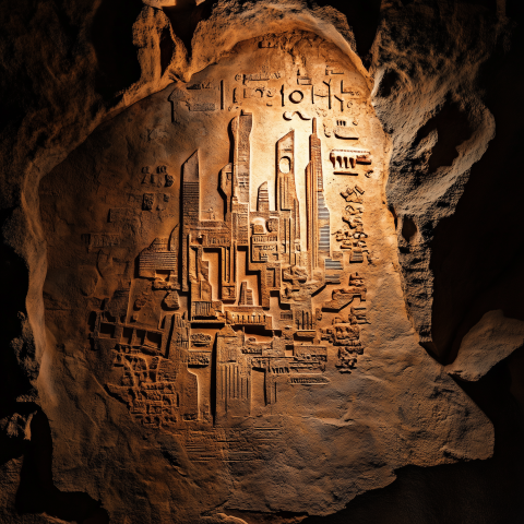 Ancient Wall Carving of Futuristic City