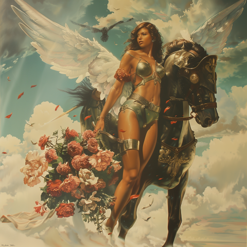 Angelic Warrior with Winged Horse and Flowers