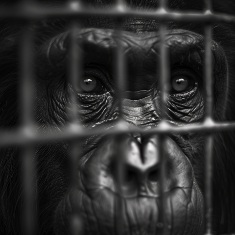 Sad chimpanzee in a cage