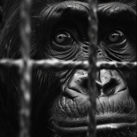 Sad chimpanzee in a cage