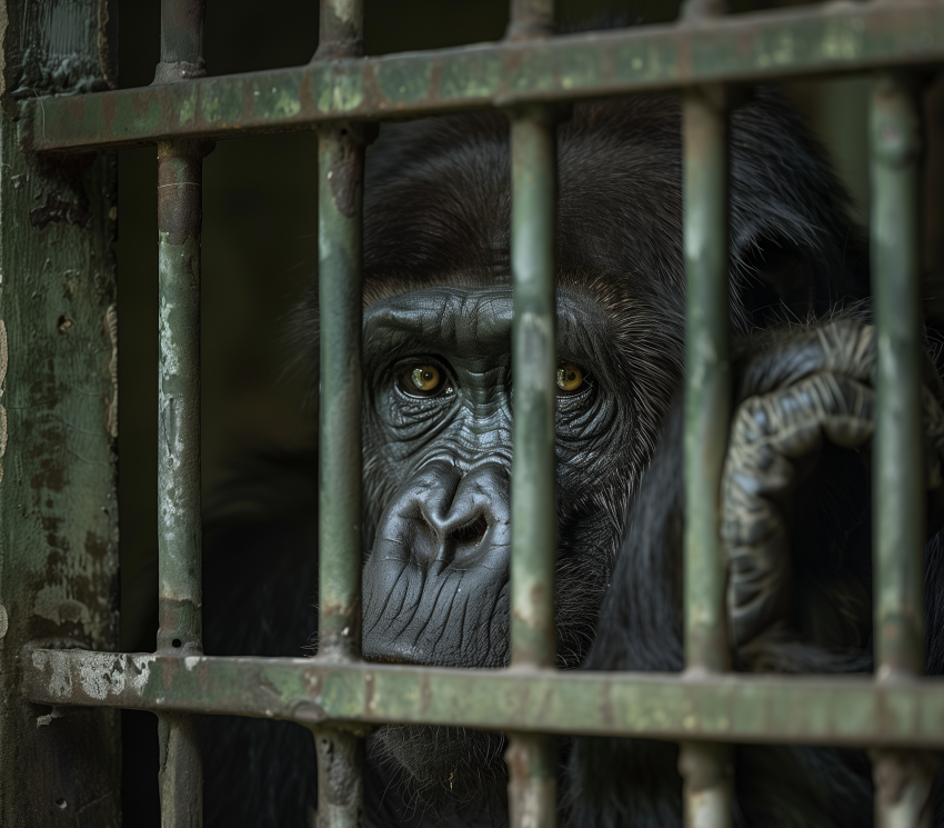 Sad chimpanzee in a cage